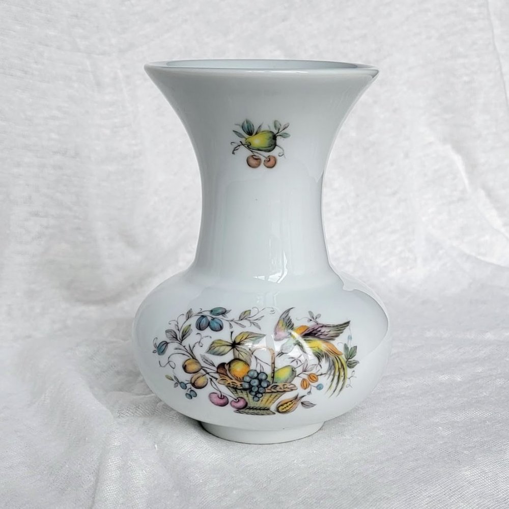 5.5" Vintage Limoges France Bird and Basket Porcelain Trumpet Tulip Flower Vase